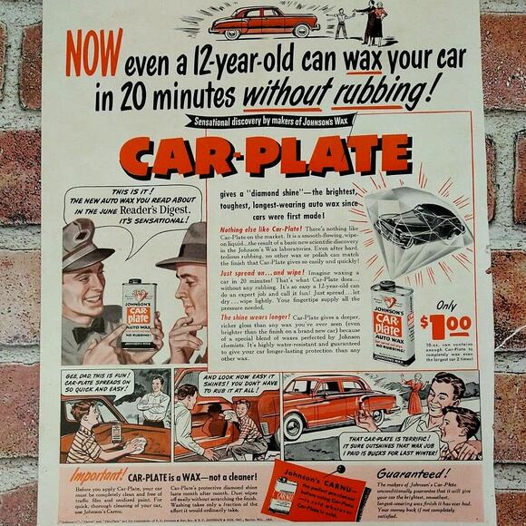 Johnson's Car-Plate Wax - Even a 12yo can - 1950 Original Retro Vtg PRINT AD - Picture 1 of 10
